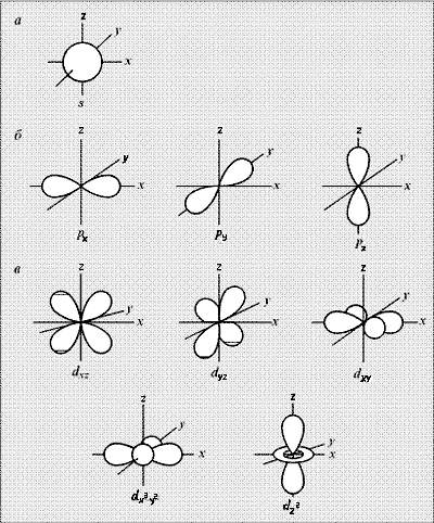 Рис.4.1. Модели электронных орбиталей: s-орбиталь (а); p-орбитали (б); d-орбитали (в)