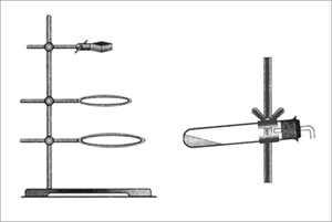 Лабораторный штатив (а); крепление пробирки с газоотводной трубкой в лапке штатива (б)