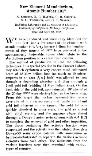 Фрагмент статьи Г.Сиборга с соавторами об открытии нового элемента – менделевия