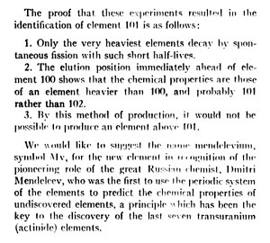 Фрагмент статьи Г.Сиборга с соавторами об открытии нового элемента – менделевия