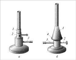 Газовые горелки: а – Бунзена: 1 – смеситель; 2 – заслонка; 3 – трубка для подачи газа; б – Теклю: 1 – смеситель; 2 – винт; 3 – трубка для подачи газа; 4 – кольцо