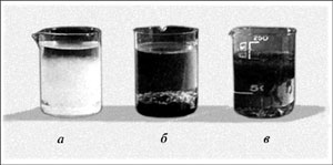 Гидроксиды алюминия (а), меди(II) (б) и железа(III) (в)