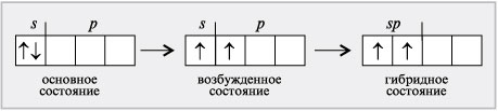 Схема распределения электронов в атоме углерода в основном и возбужденном состоянии