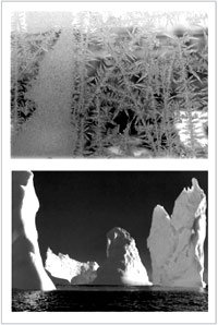 Рис. 40. Ледяной узор на стекле и гигантские айсберги – это твердое агрегатное состояние воды