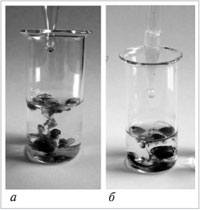Рис. 86. Взаимодействие хлорного железа с гидроксидом натрия (а) и желтой кровяной солью (б)