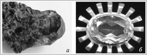 Рис. 96. Природный гранат (а) и обработанный александрит (б) – полудрагоценные камни, содержащие алюминий