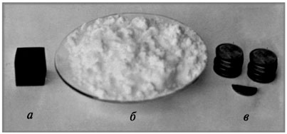 Один моль: а&nbsp;– углерода (12 г); б&nbsp;– серы (32 г); в – меди (64 г). Каждый образец содержит одинаковое число атомов, 6,02•1023