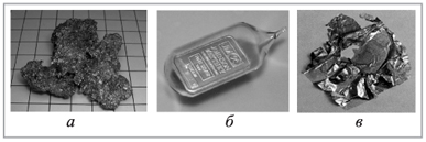 Металлы группы Iб таблицы Д.И.Менделеева: а – медь Cu; б – серебро Ag; в – золото Au