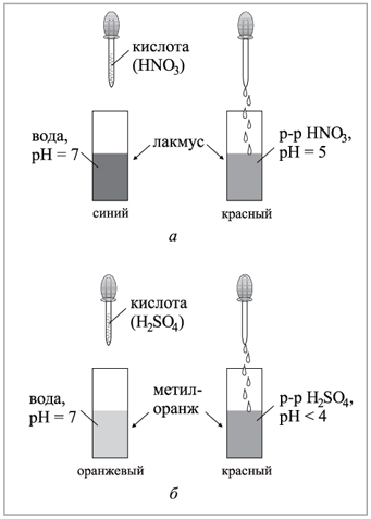 Переход окраски индикаторов в растворах кислот (а – лакмус: синий –> красный; б – метилоранж: оранжевый –>красный)