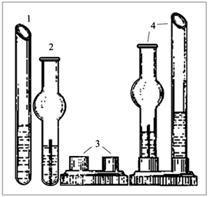 Рис. 6. Прибор для определения скорости реакции: 1 – пробирка-трубочка; 2 – фигурная пробирка; 3 – штативы для пробирок; 4 – пробирки, установленные в штативе
