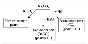 Рис. 2. Схема распознавания веществ при наличии в пробирке № 1 раствора карбоната натрия (эксперимент проводится в один этап)