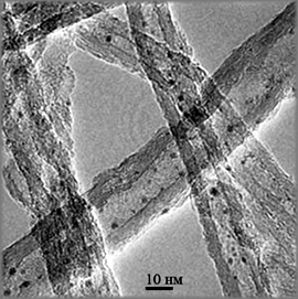 Рис 4. Микрофотография нанотрубок с находящимися внутри них наночастицами