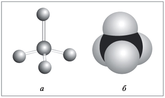 Модели молекулы метана: а – шаростержневая; б – модель Стюарта